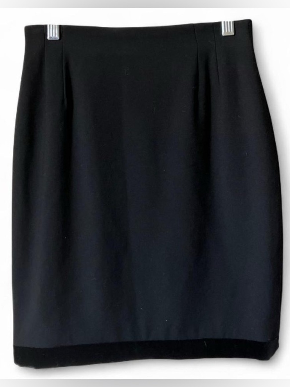 Escada Couture Vintage Black Velvet Trim Mini Wool Pencil Skirt size 34 - Picture 2 of 8
